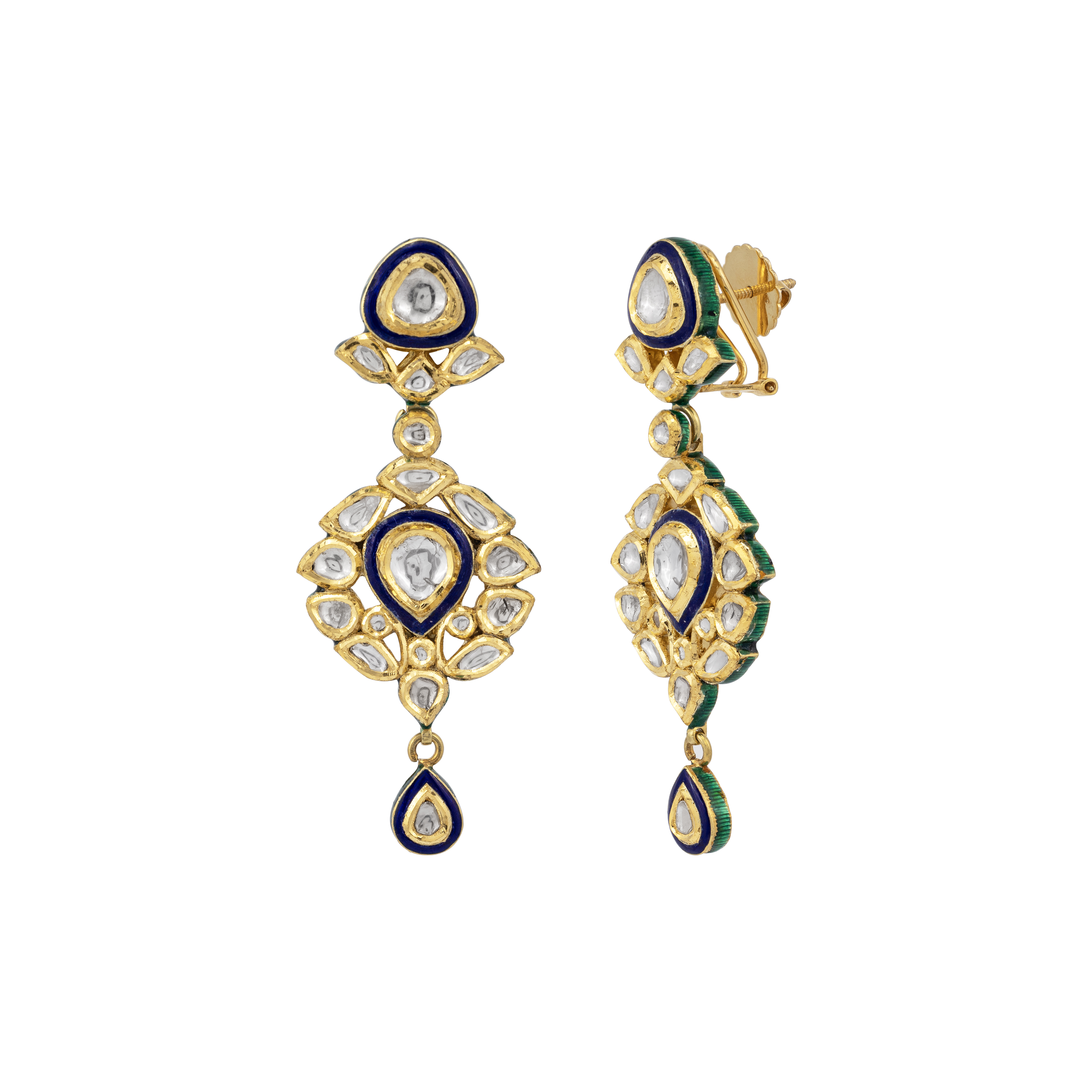 Polki Drop Earrings with Blue Enamel and Teardrop Motifs